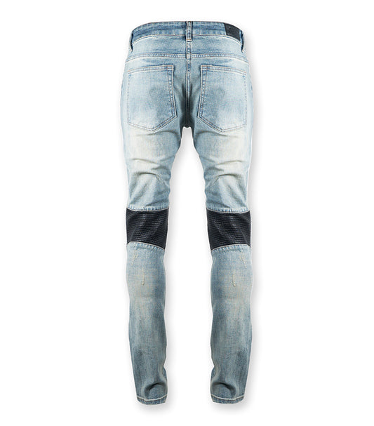 Denim Blue Black Leather Biker