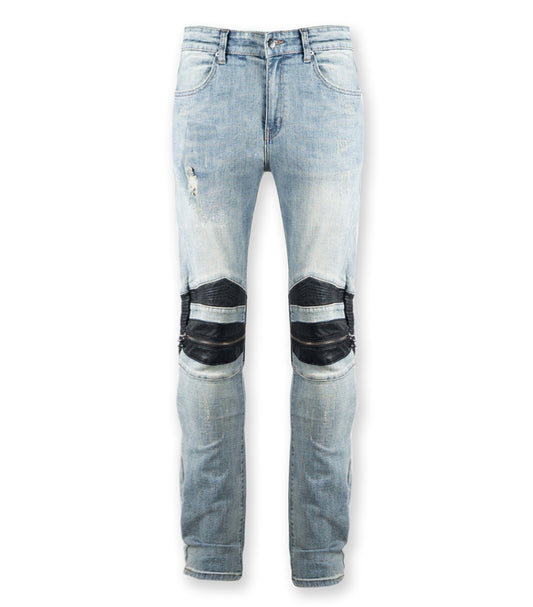 Denim Blue Black Leather Biker