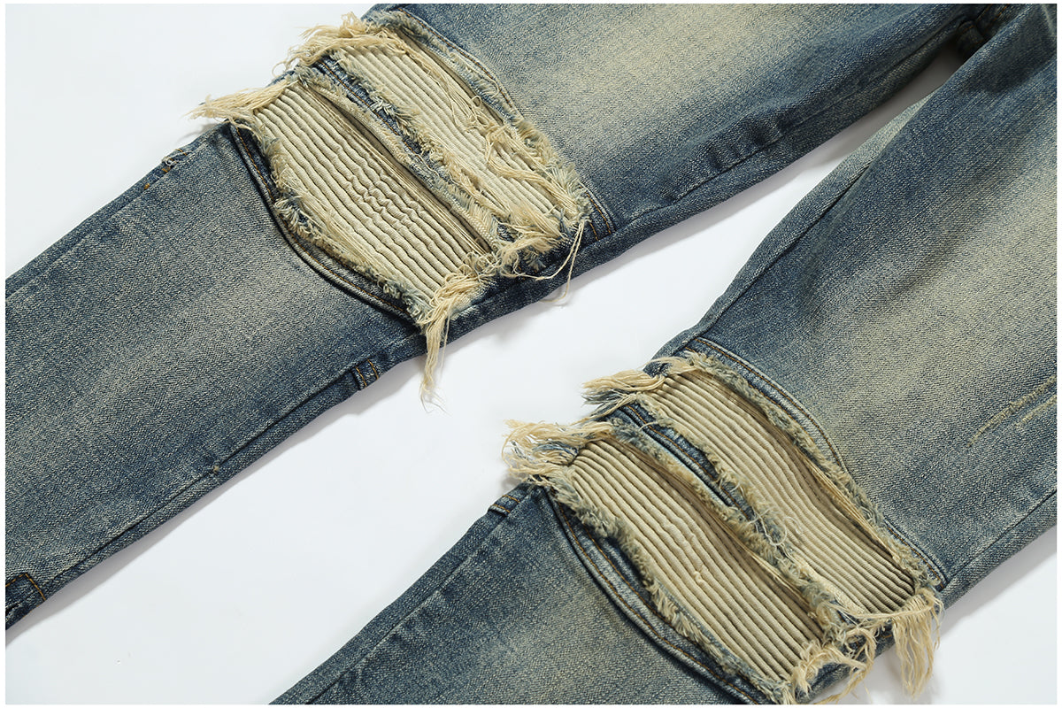 Denim Blue Distressed Leather Biker With Zipper