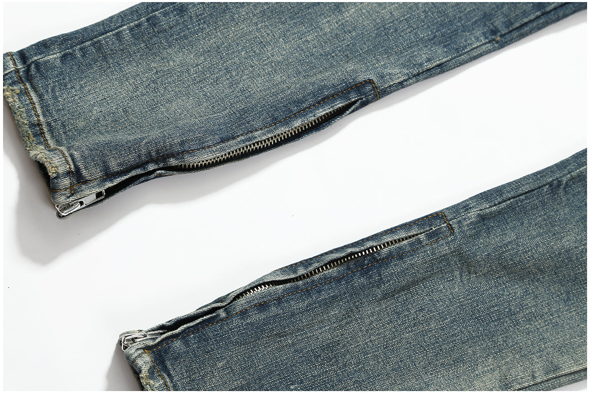 Denim Blue Distressed Leather Biker With Zipper