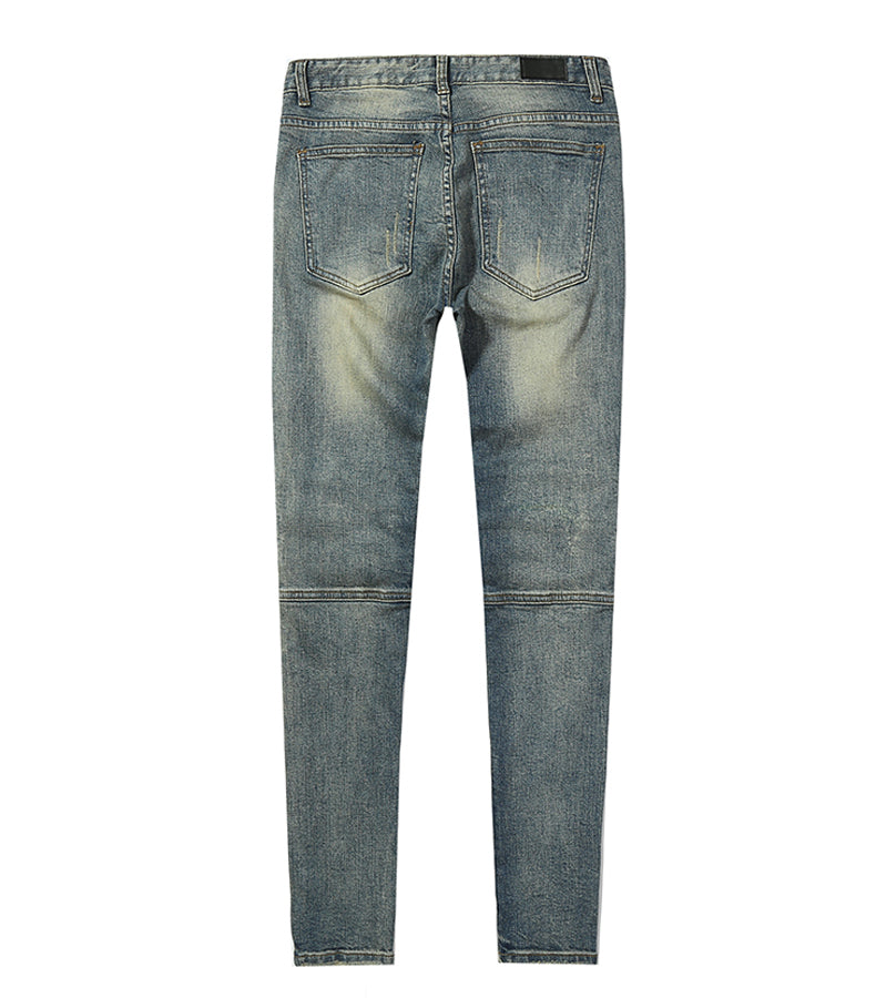 Denim Blue Distressed Leather Biker With Zipper