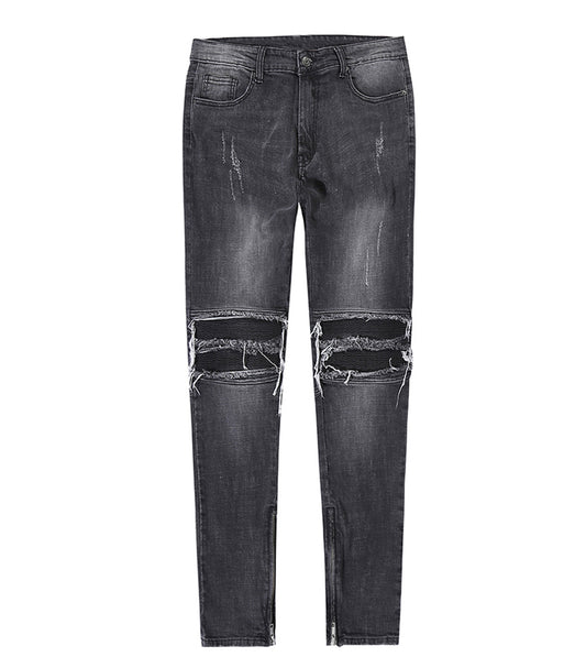 Denim Black Distressed Leather Biker