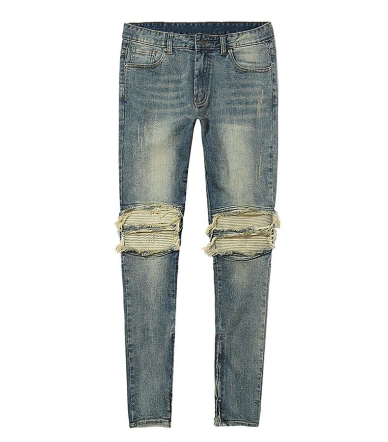 Denim Blue Distressed Leather Biker With Zipper